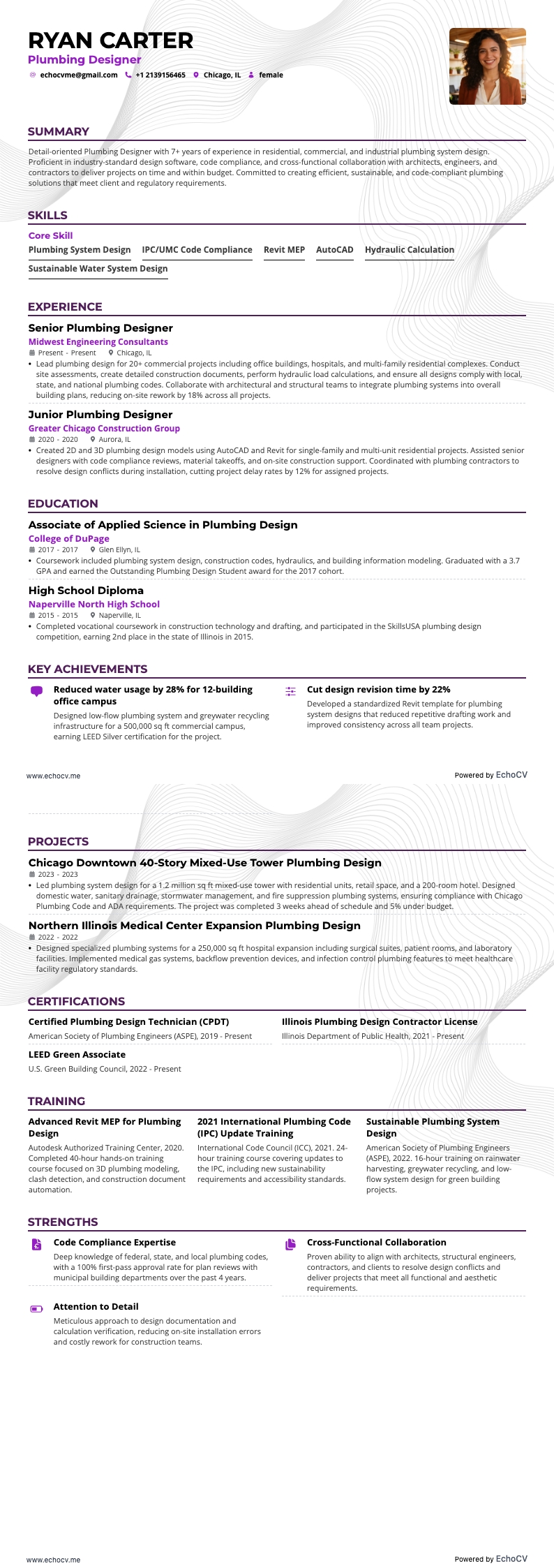 Plumbing Designer example resume