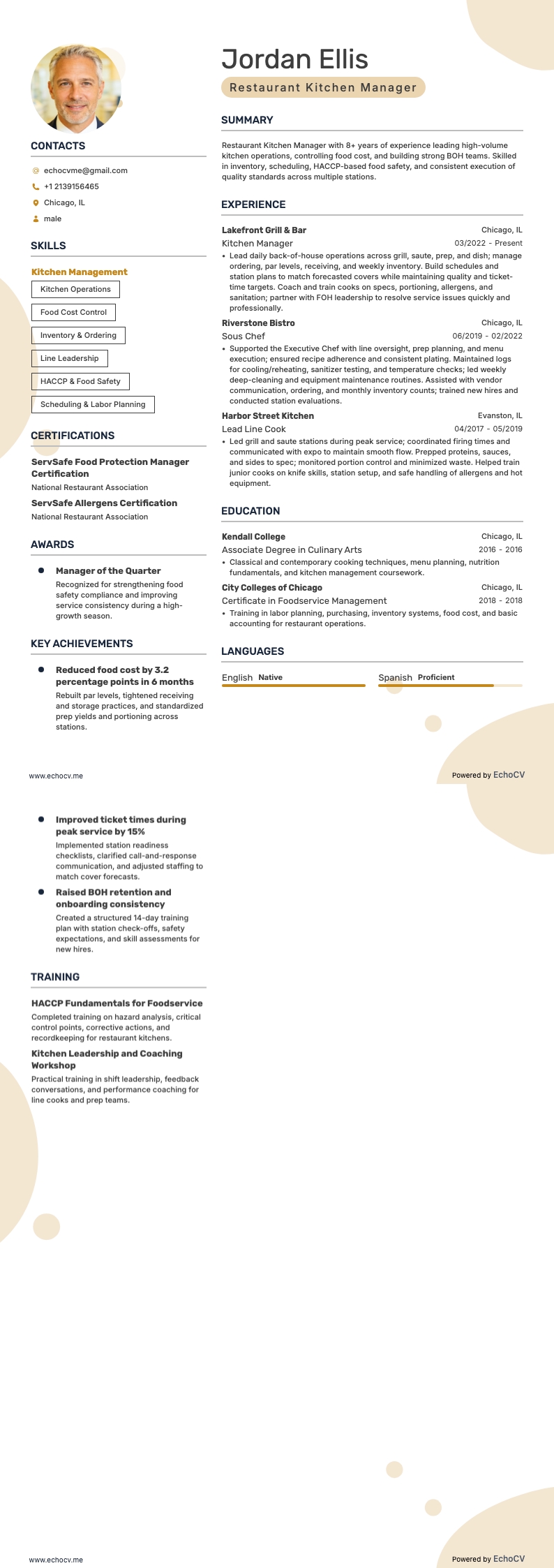 Kitchen Manager resume example