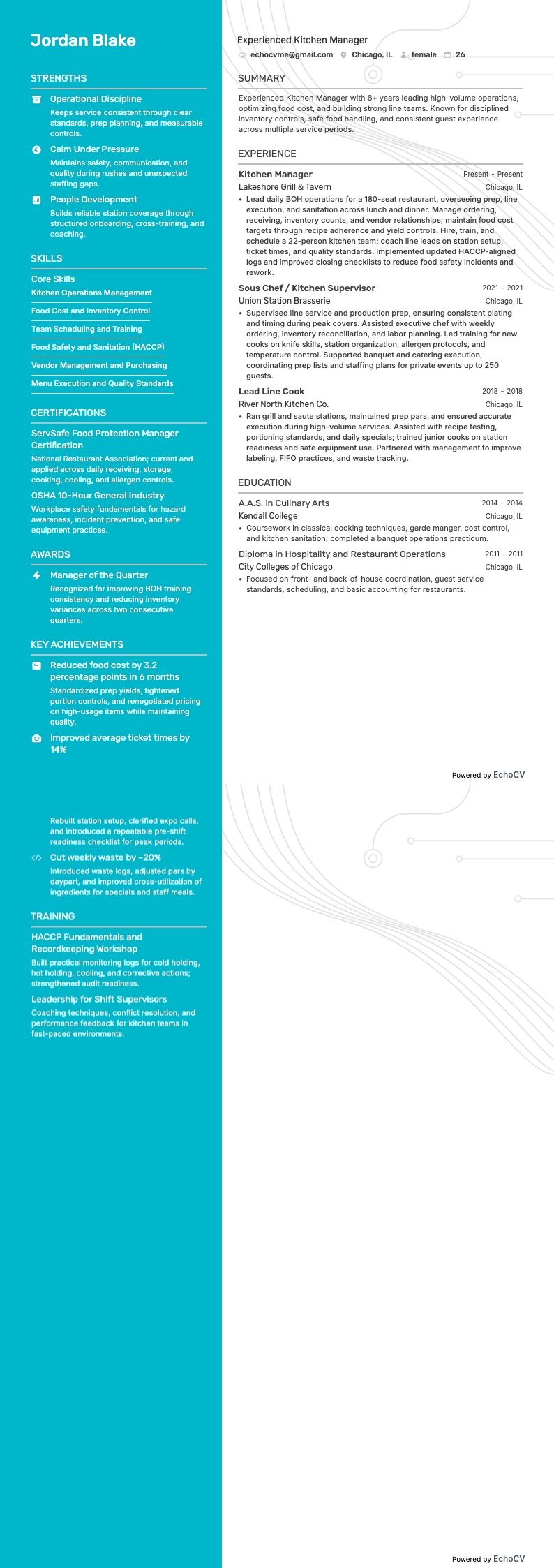 Experienced Kitchen Manager example resume