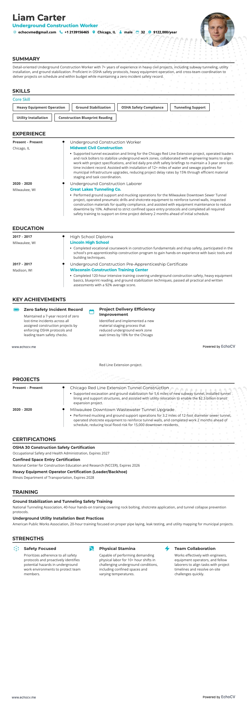 Underground Construction Worker example resume