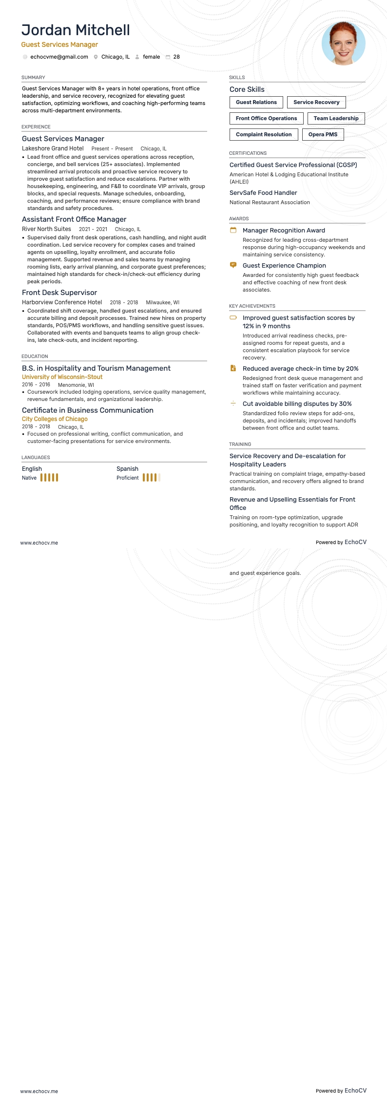 Gerente de hospitalidad resume example