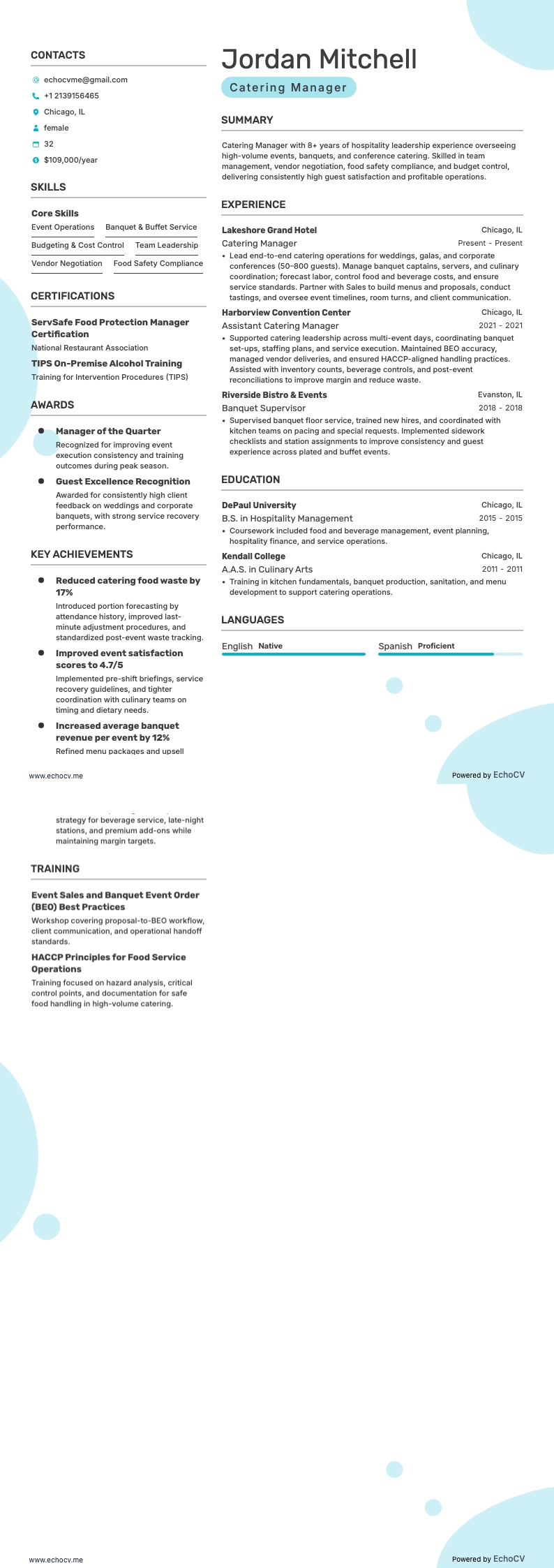 Cateringmanager example resume