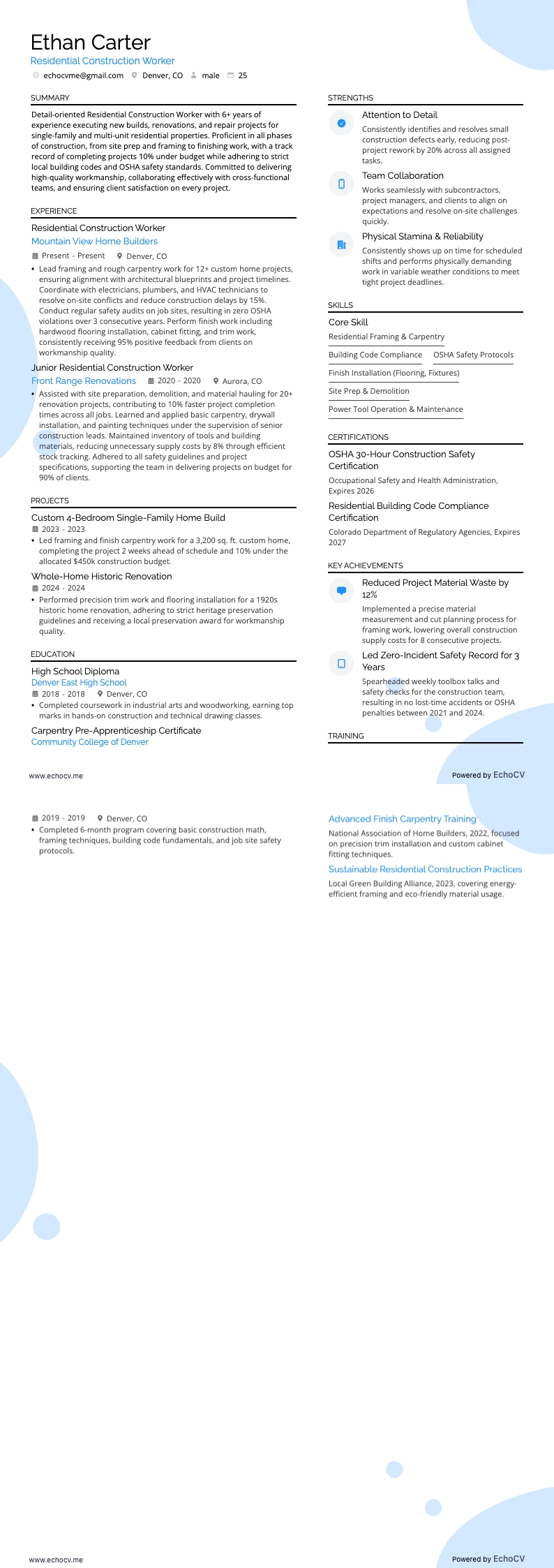 Residential Construction Worker example resume