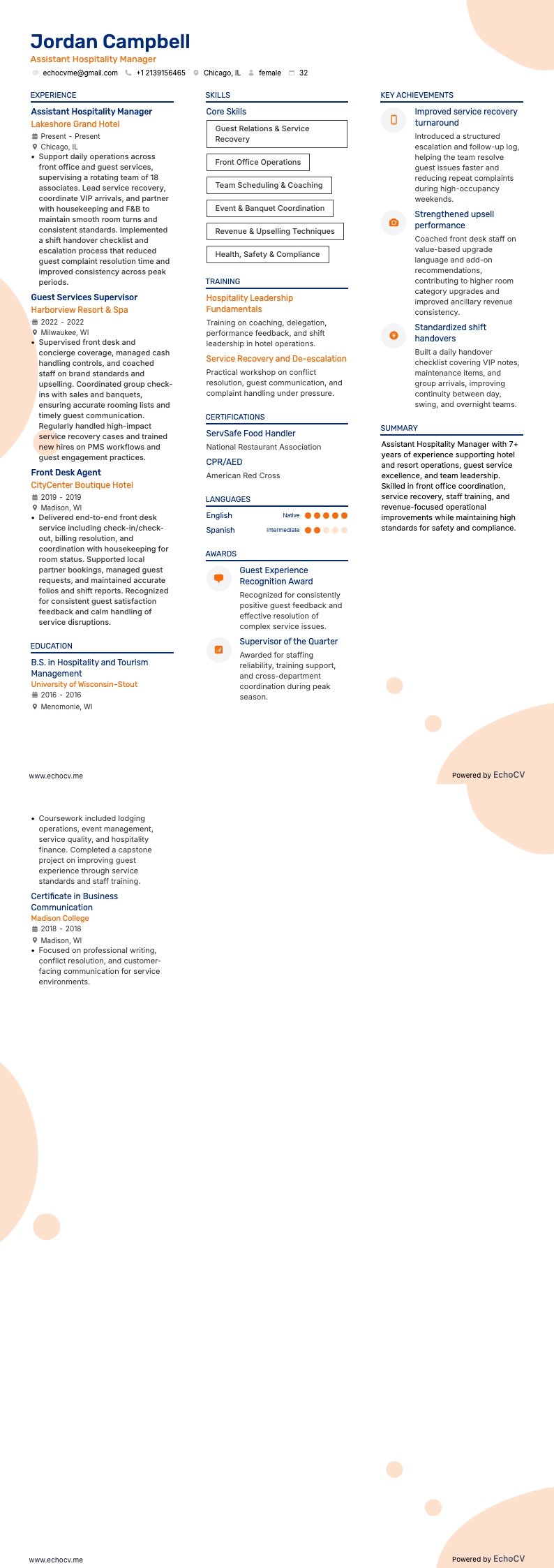 ホスピタリティマネージャー resume example