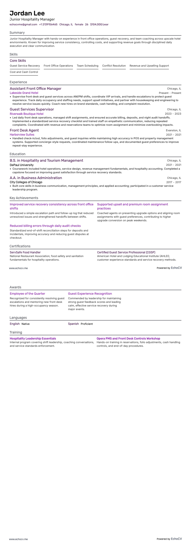 호스피탈리티 매니저 resume example
