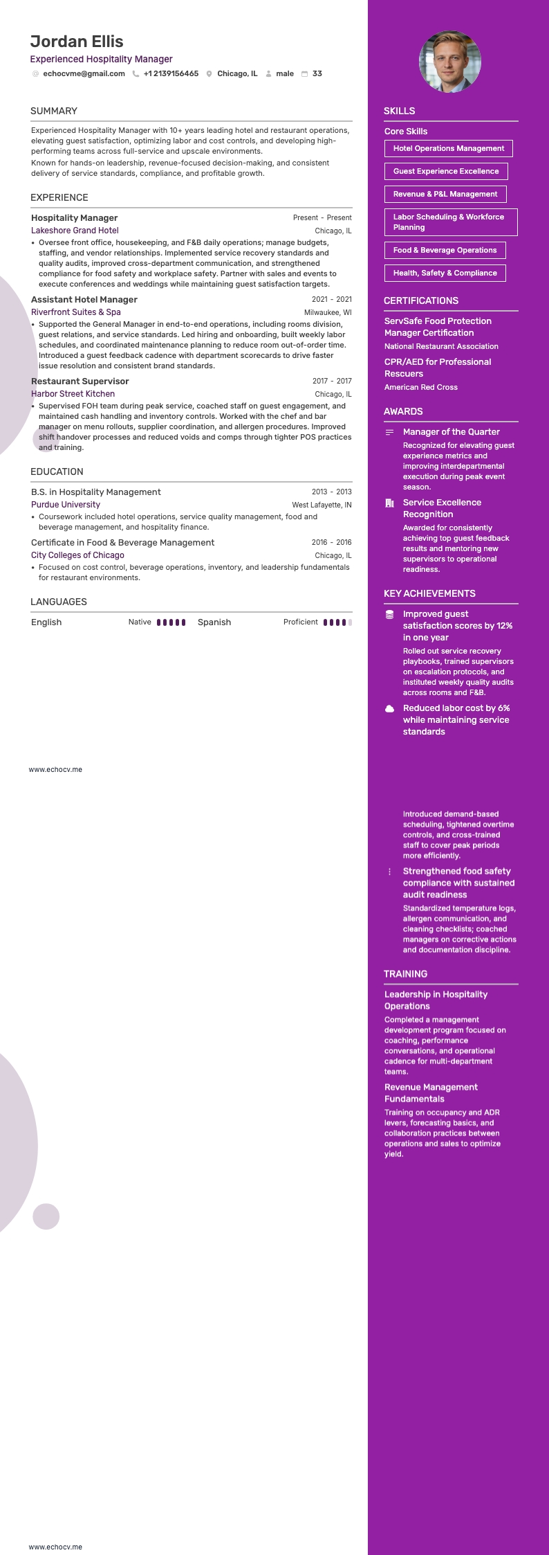 酒店服务经理 resume example