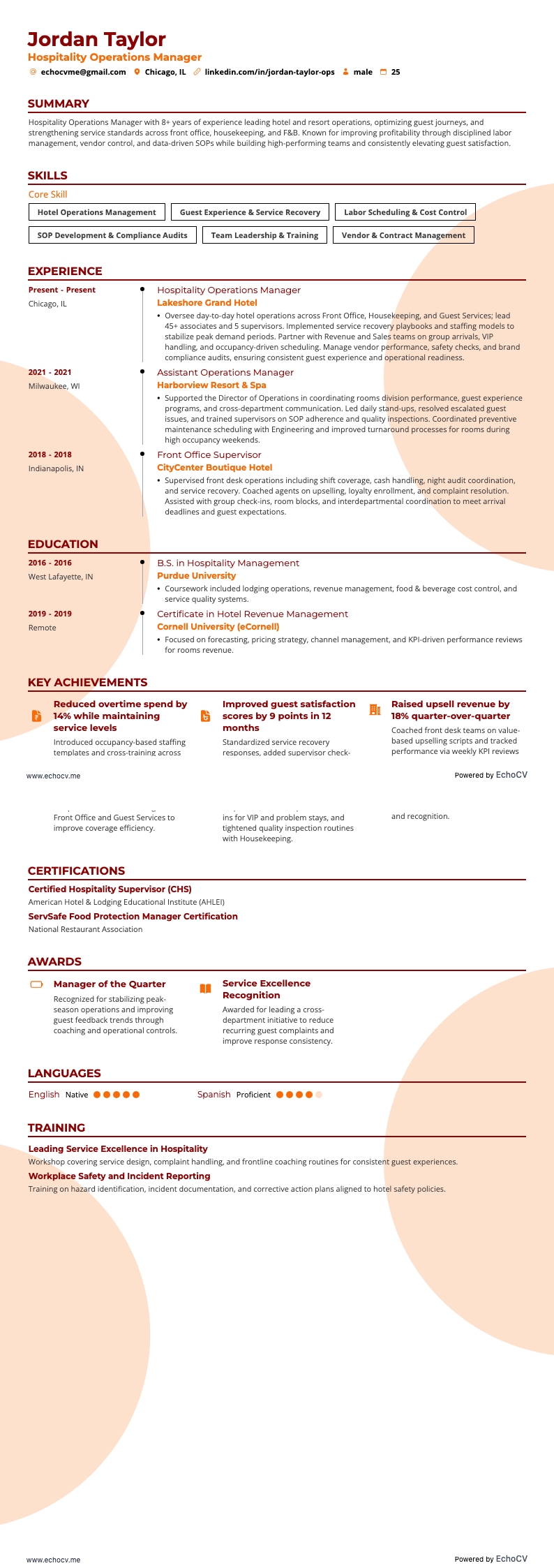 Responsable de l’hôtellerie resume example