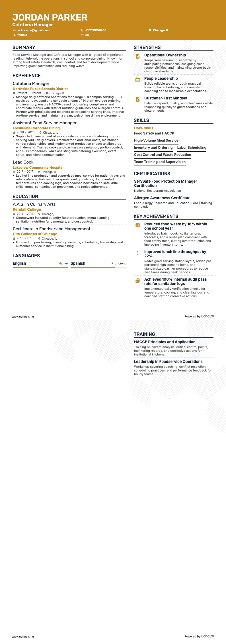 Leiter Food Service resume example