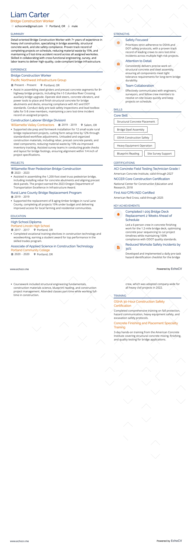 Bridge Construction Worker example resume