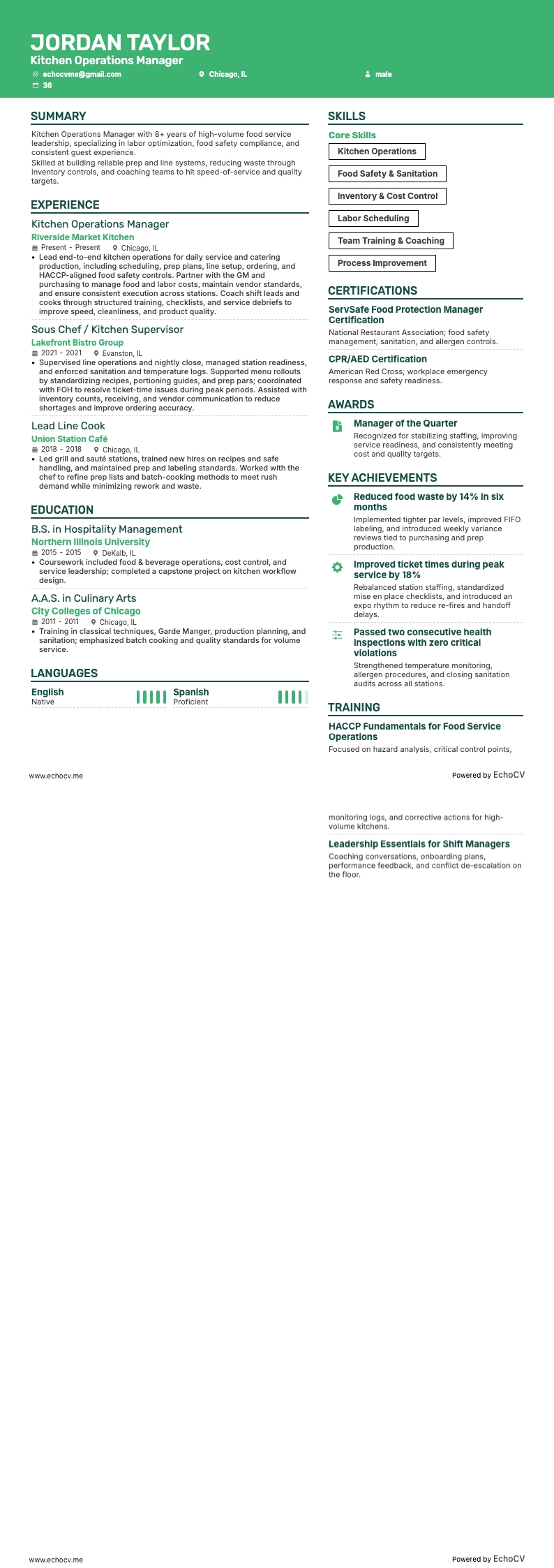 Manager foodservice resume example