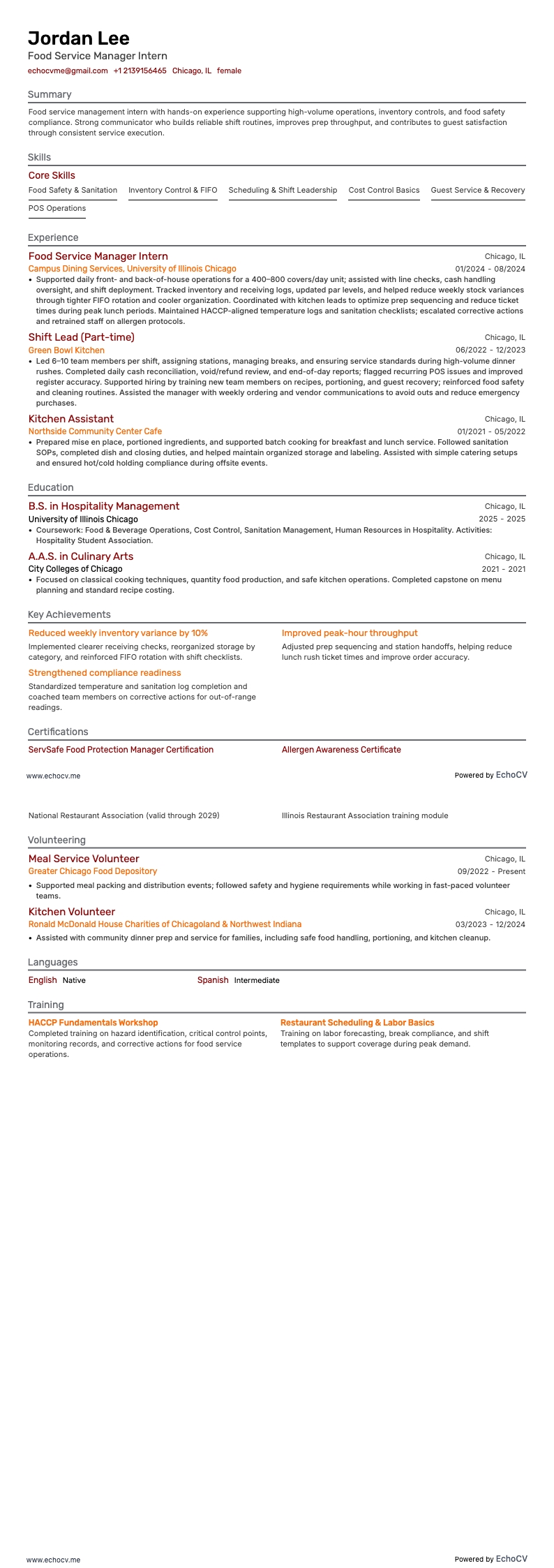 Food Service Manager Intern example resume