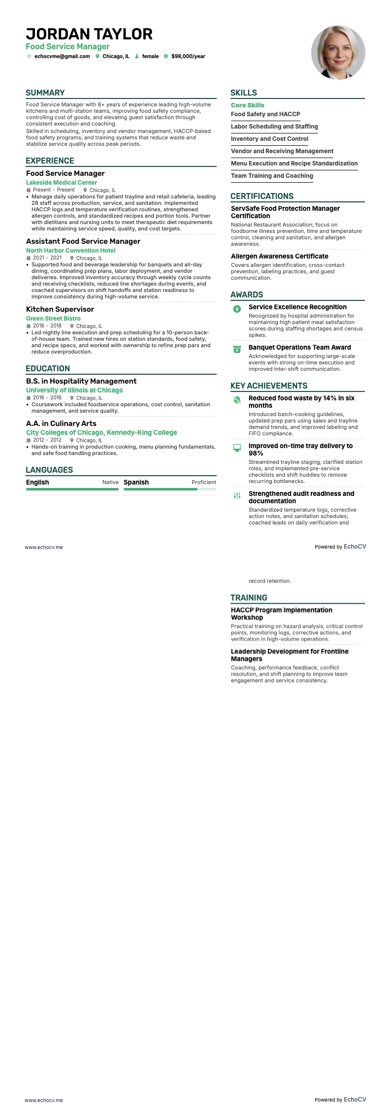 フードサービスマネージャー resume example