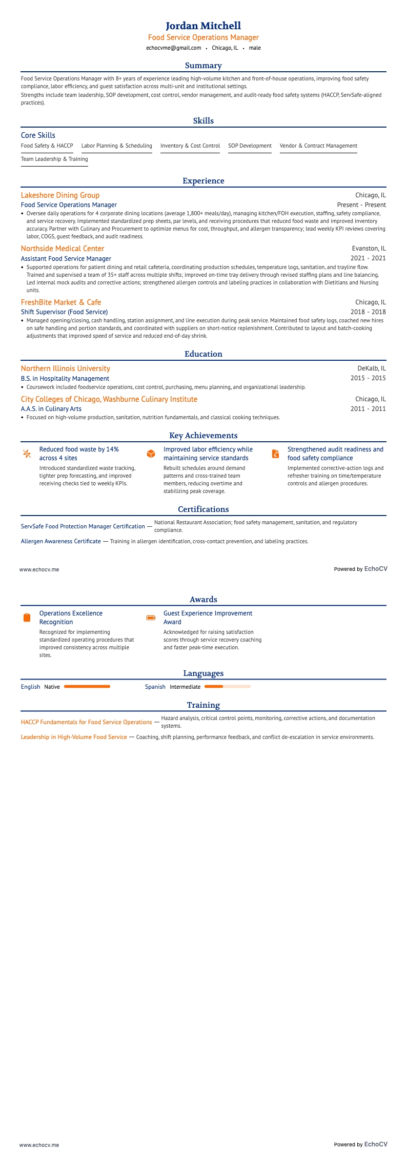 Food Service Manager resume example
