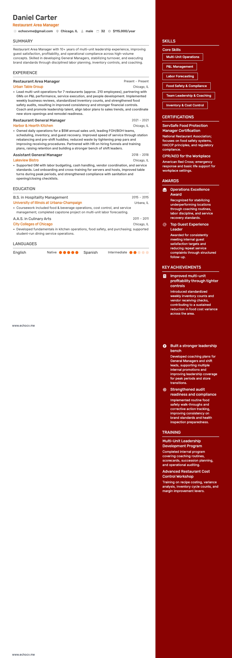 Responsable de secteur restauration example resume