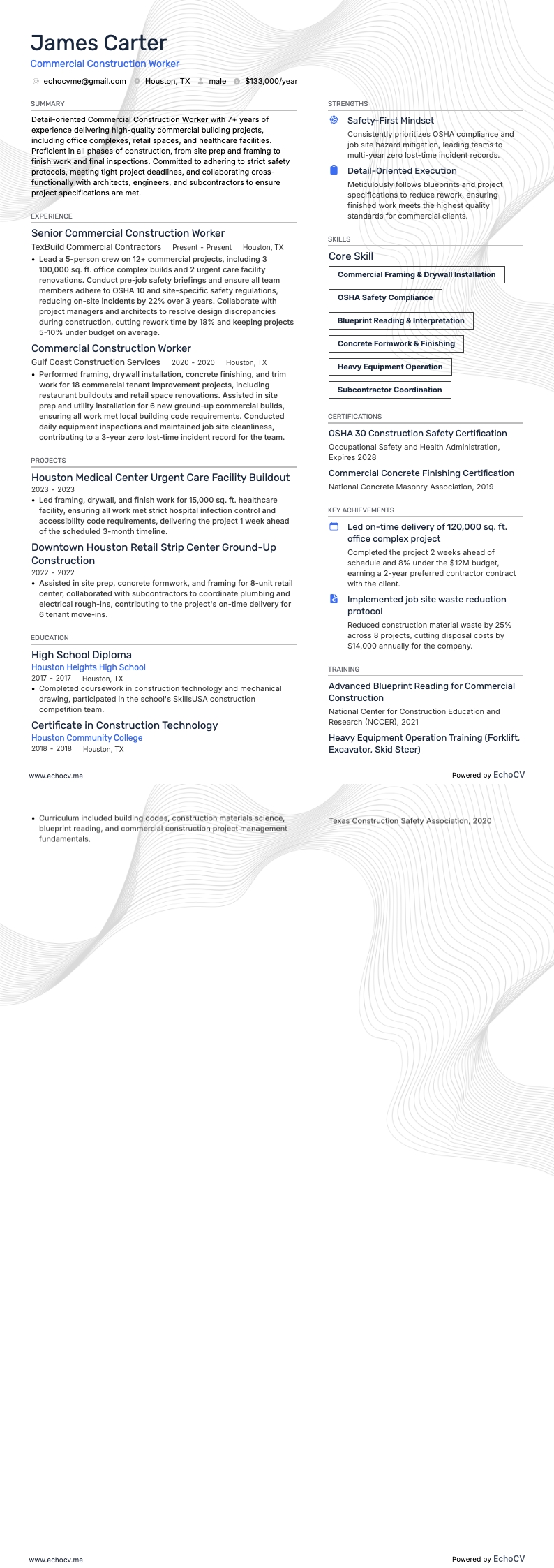 Commercial Construction Worker example resume