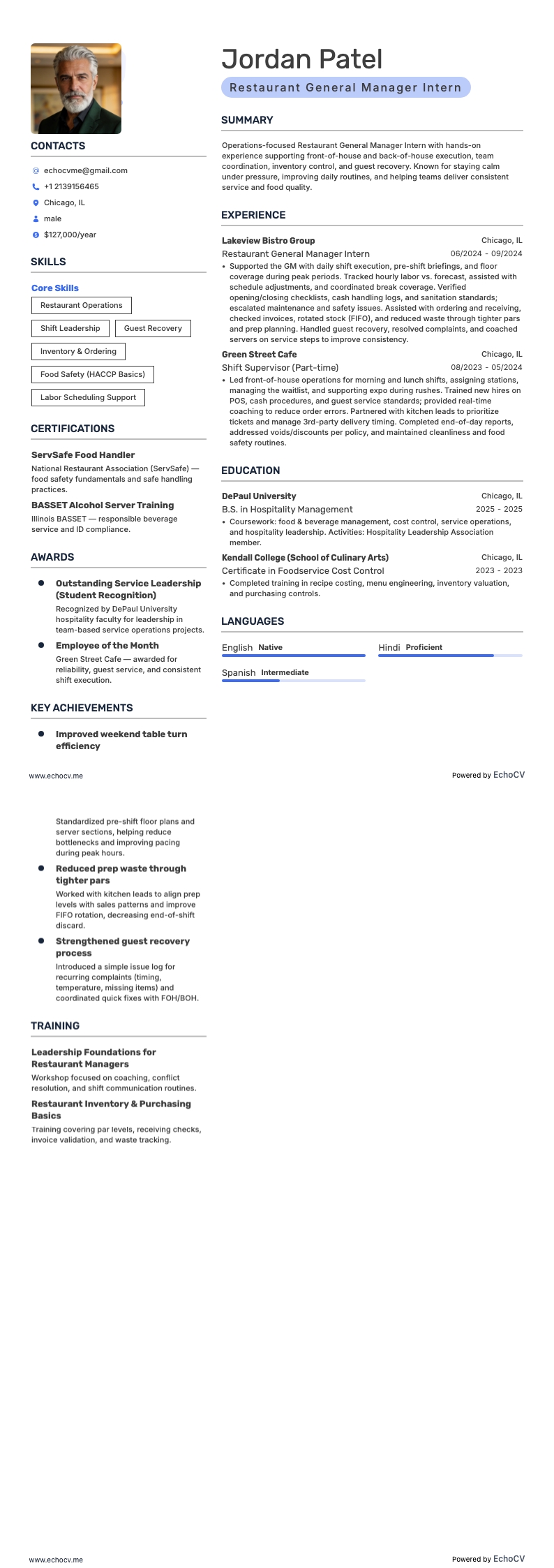Algemeen manager restaurant resume example