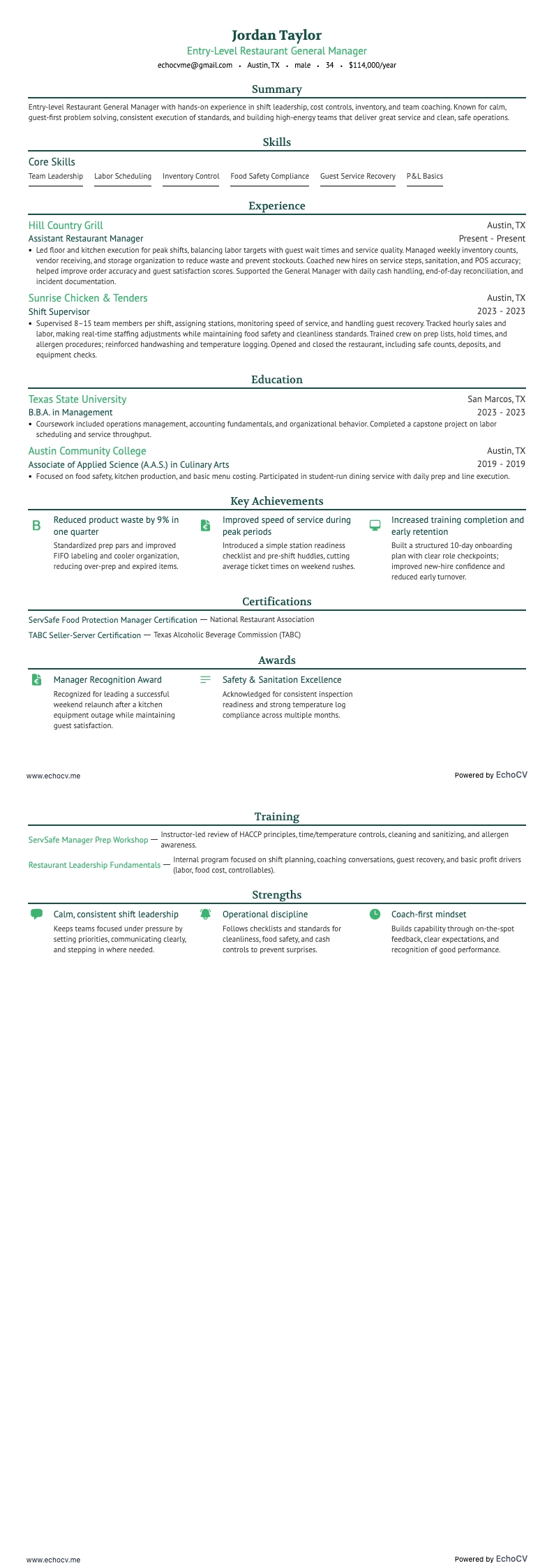 Directeur général de restaurant débutant example resume