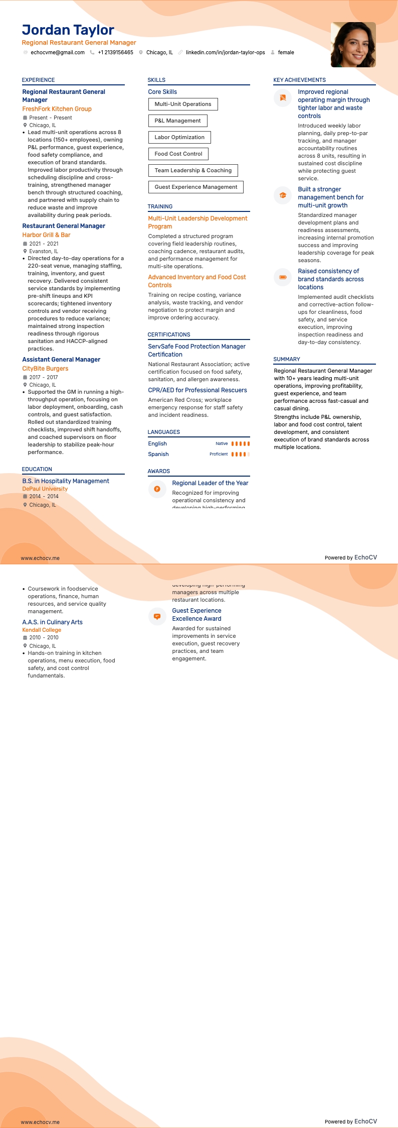 Directeur général de restaurant resume example