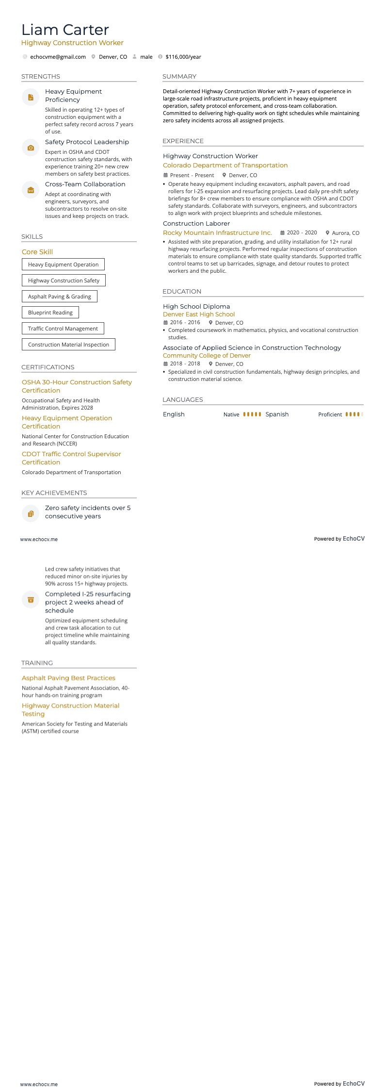 Highway Construction Worker example resume