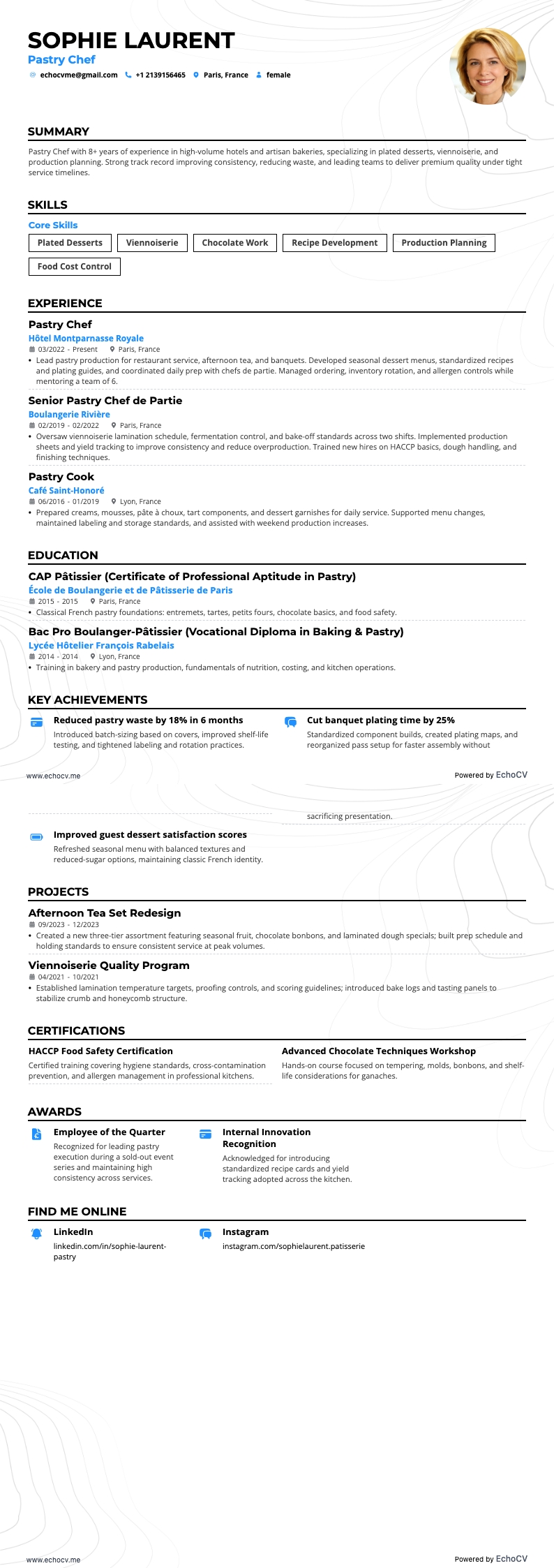 糕點師 resume example