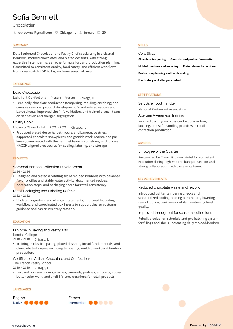 Chocolatier example resume