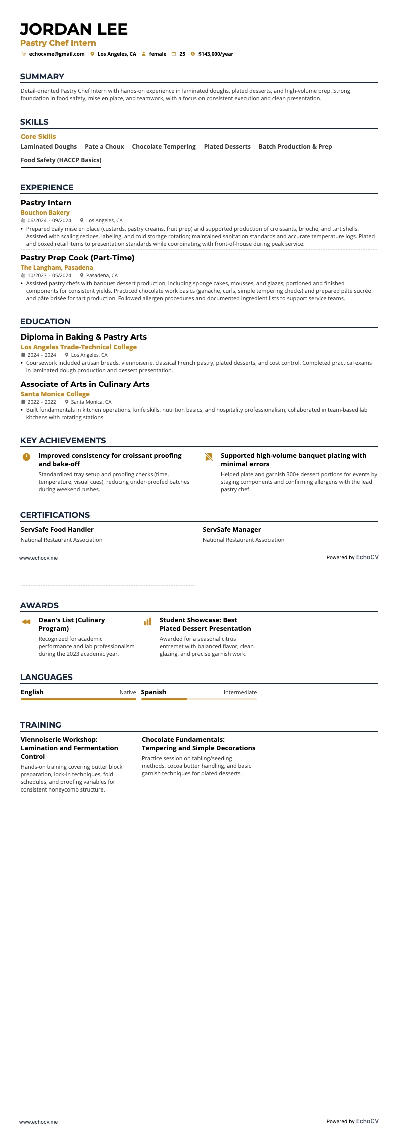 Đầu bếp bánh ngọt resume example