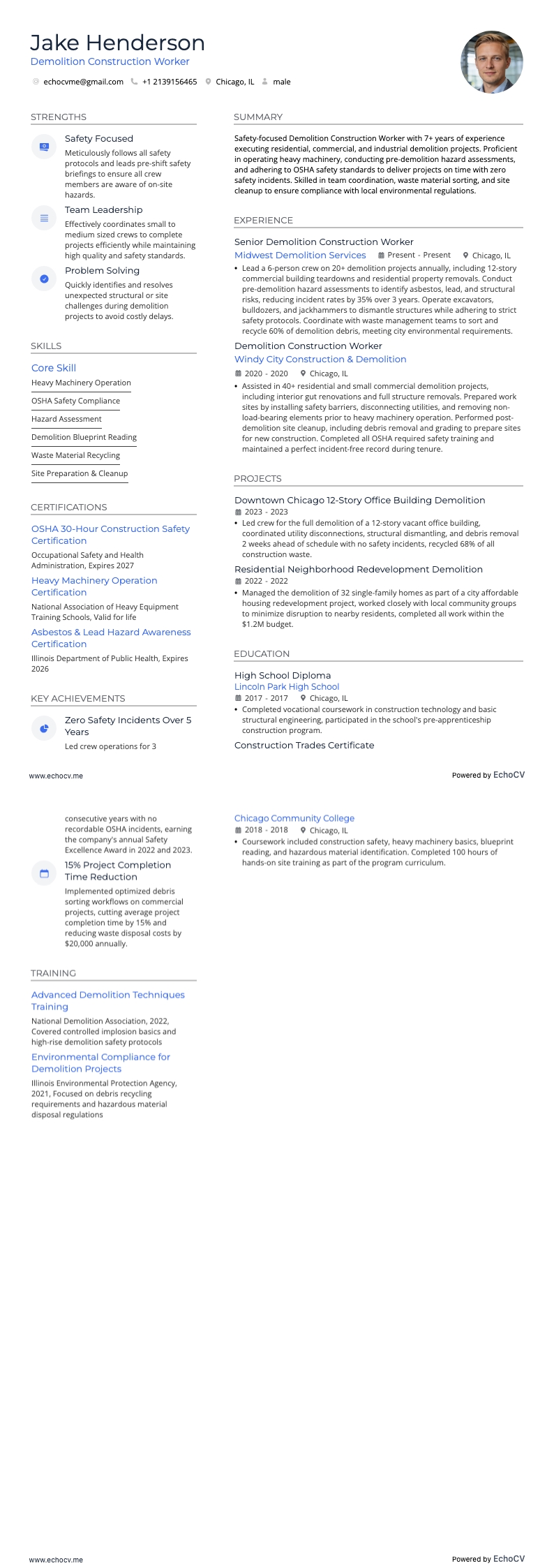 Demolition Construction Worker example resume