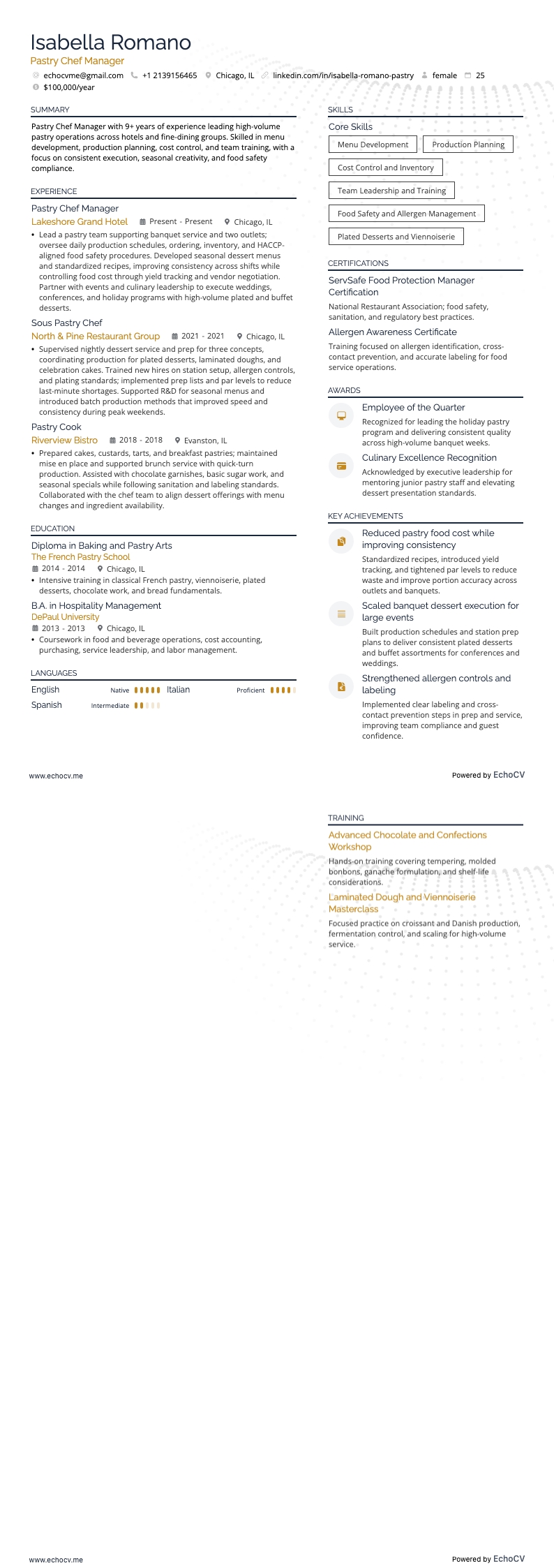 Patissier resume example