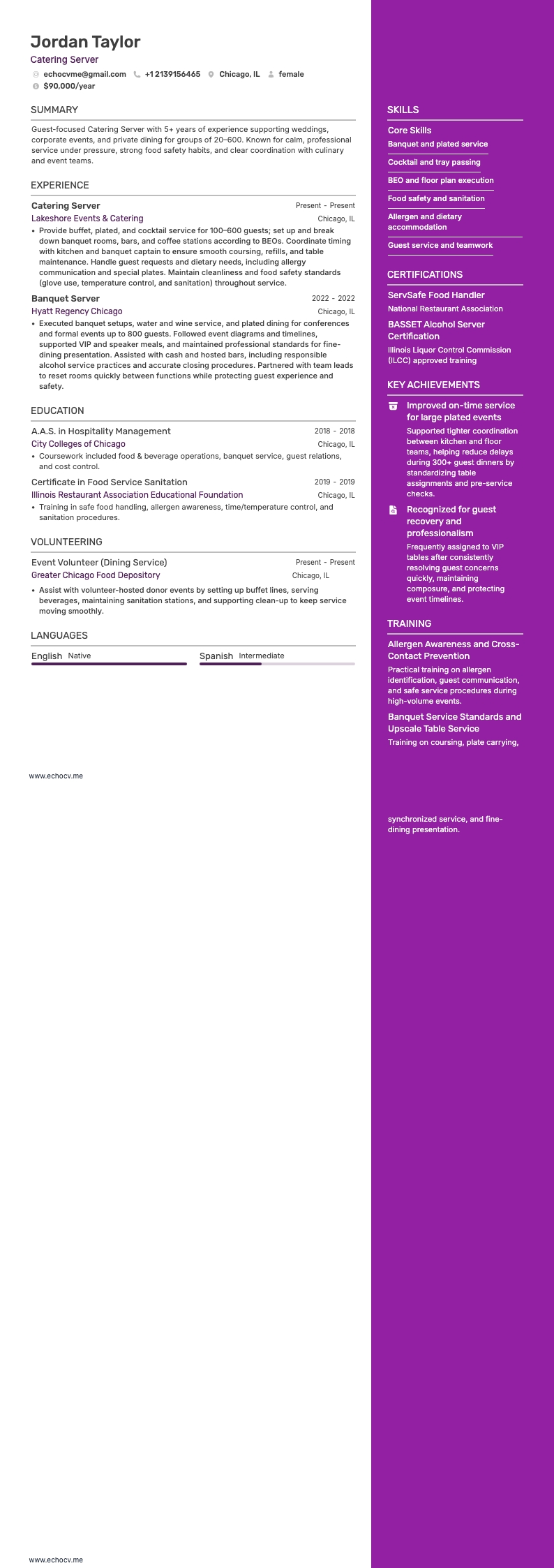 Nhân viên phục vụ resume example