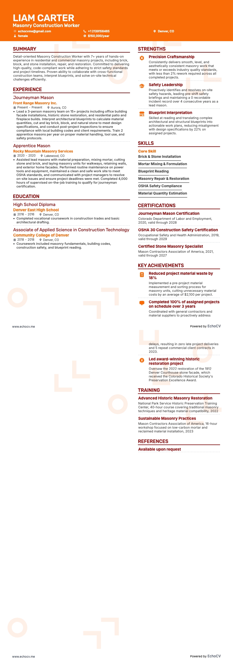 Operaio edile resume example