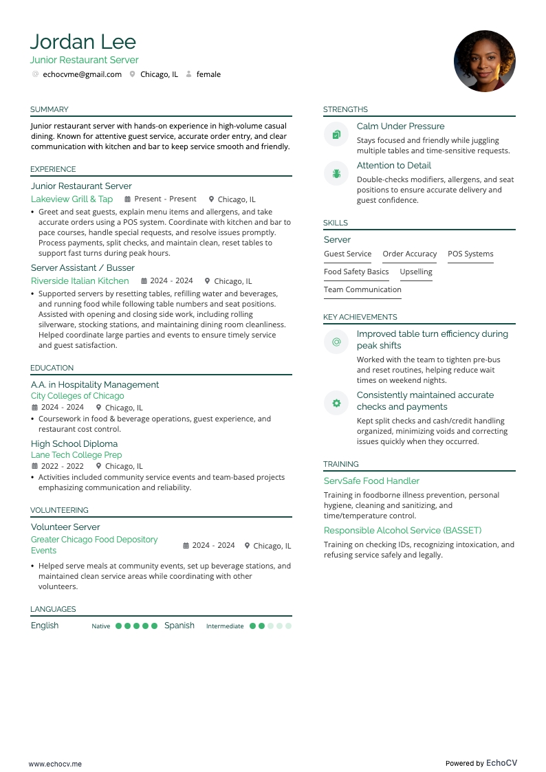 Nhân viên phục vụ nhà hàng junior example resume