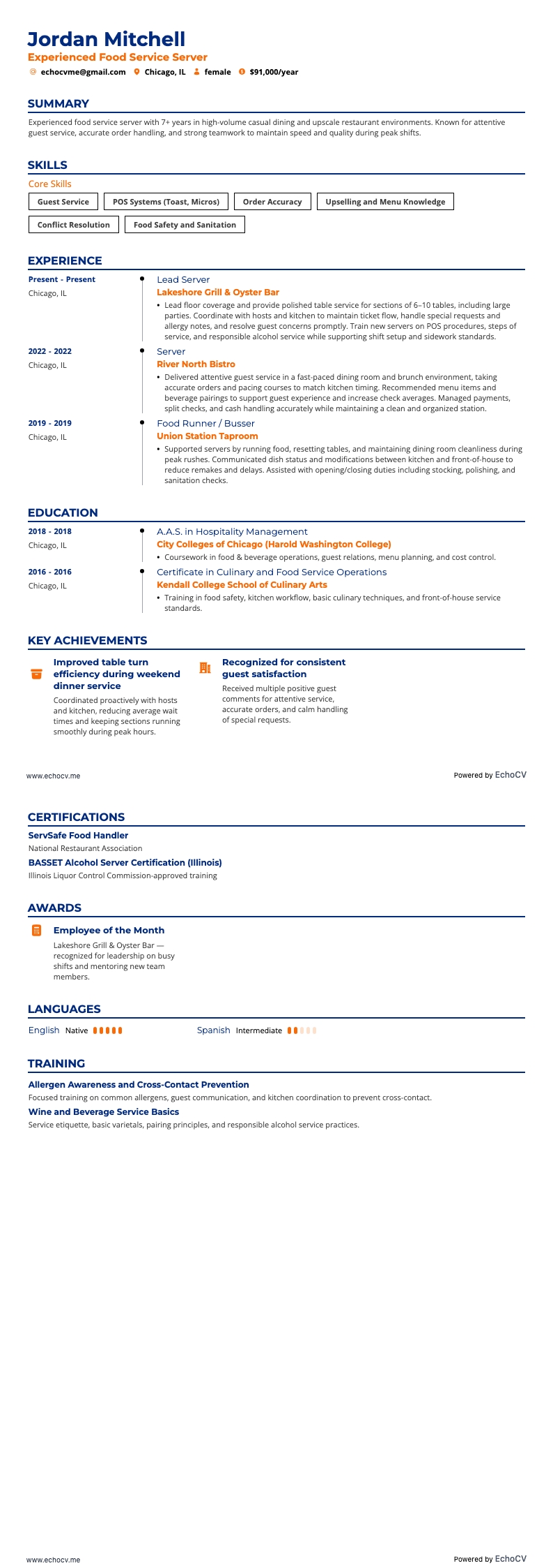 Erfaren serveringspersonal inom restaurang