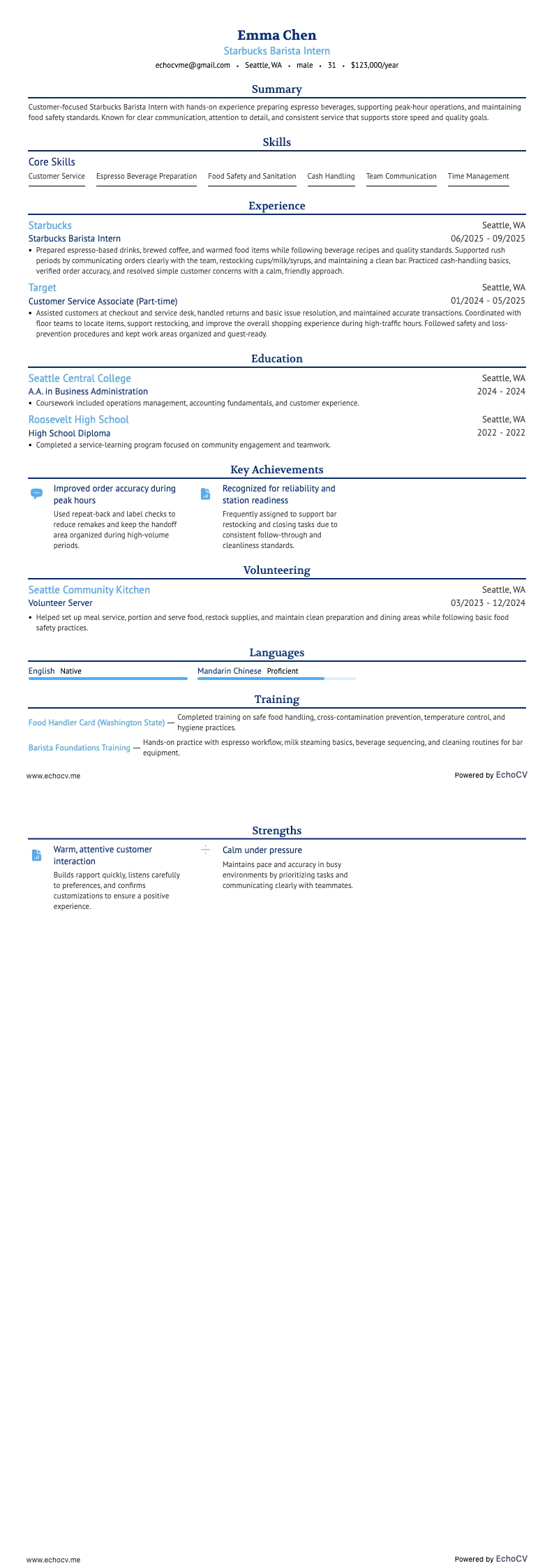 Starbucks Barista Intern example resume