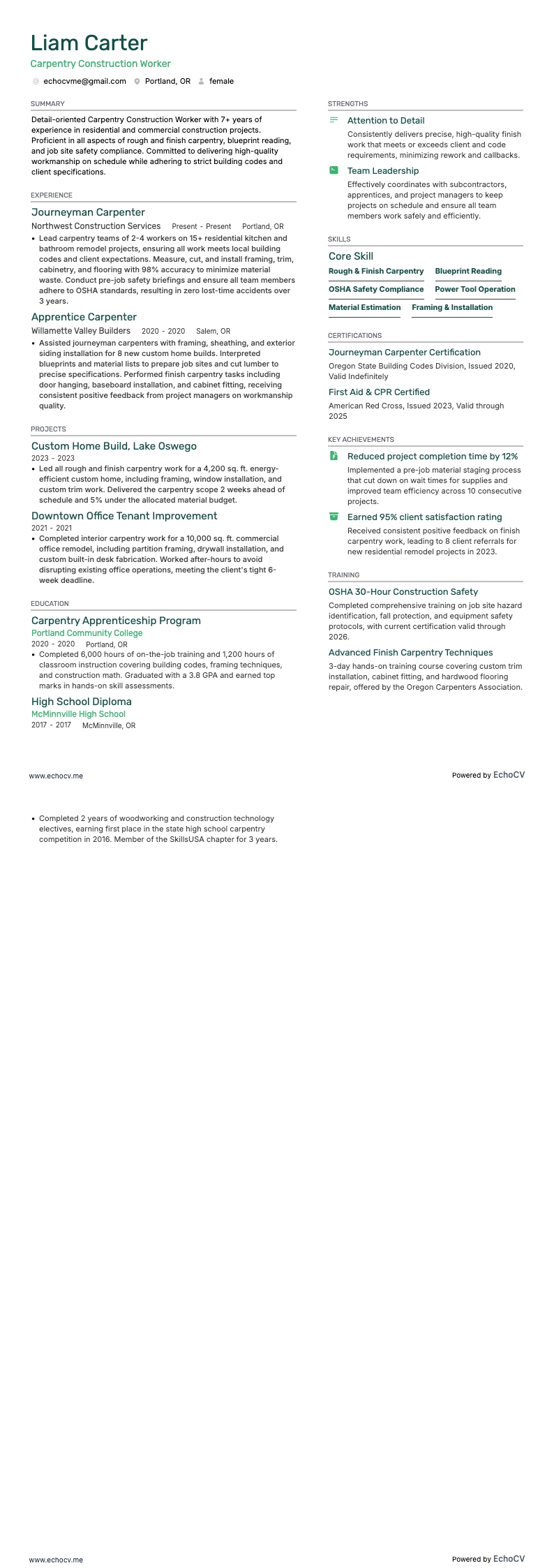 Carpentry Construction Worker example resume