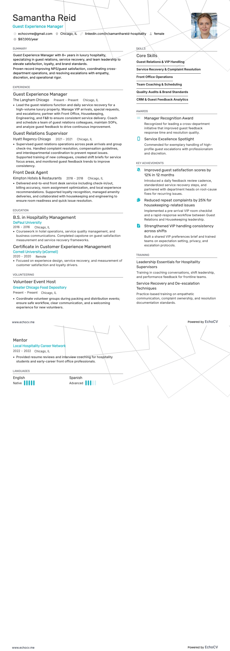 Responsabile relazioni con gli ospiti resume example