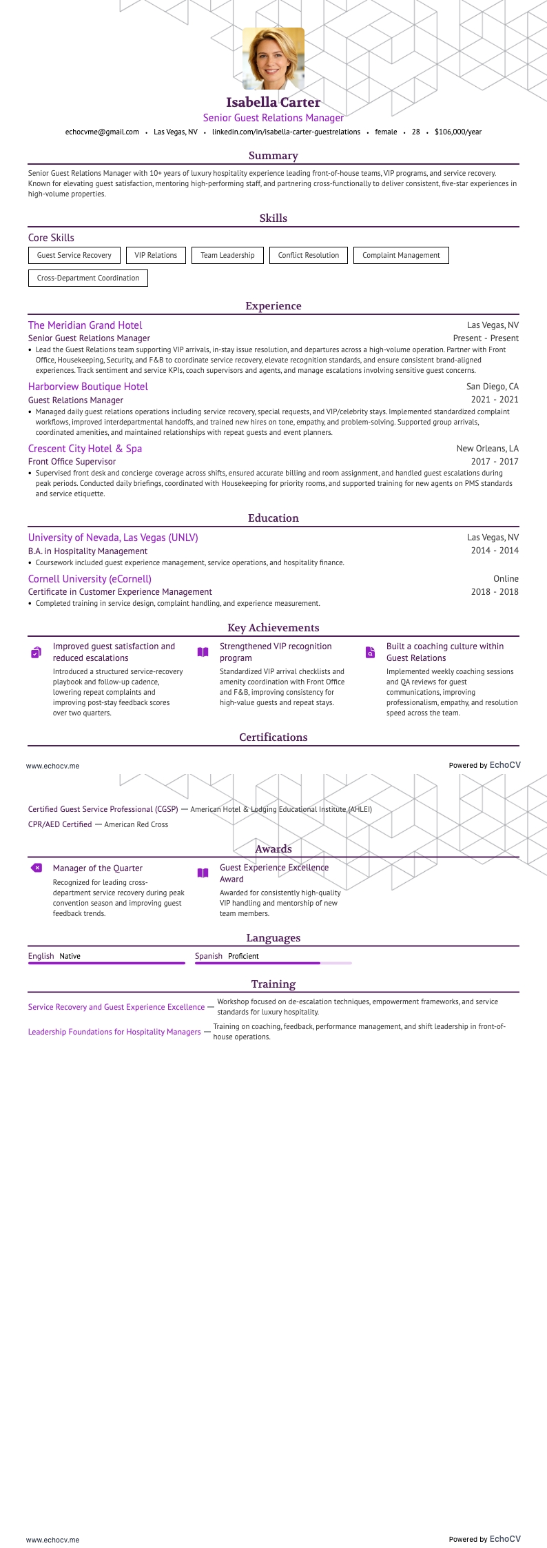 Senior manager gastenrelaties example resume