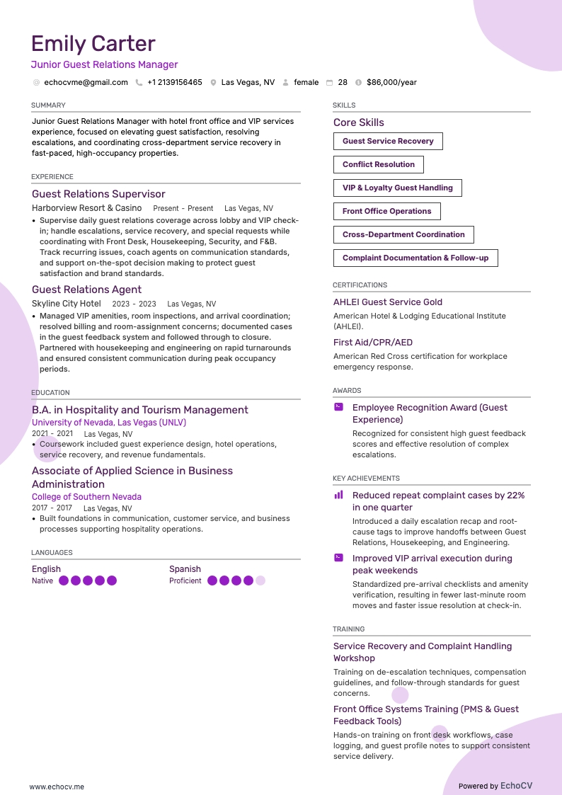 Junior manager gastrelaties example resume