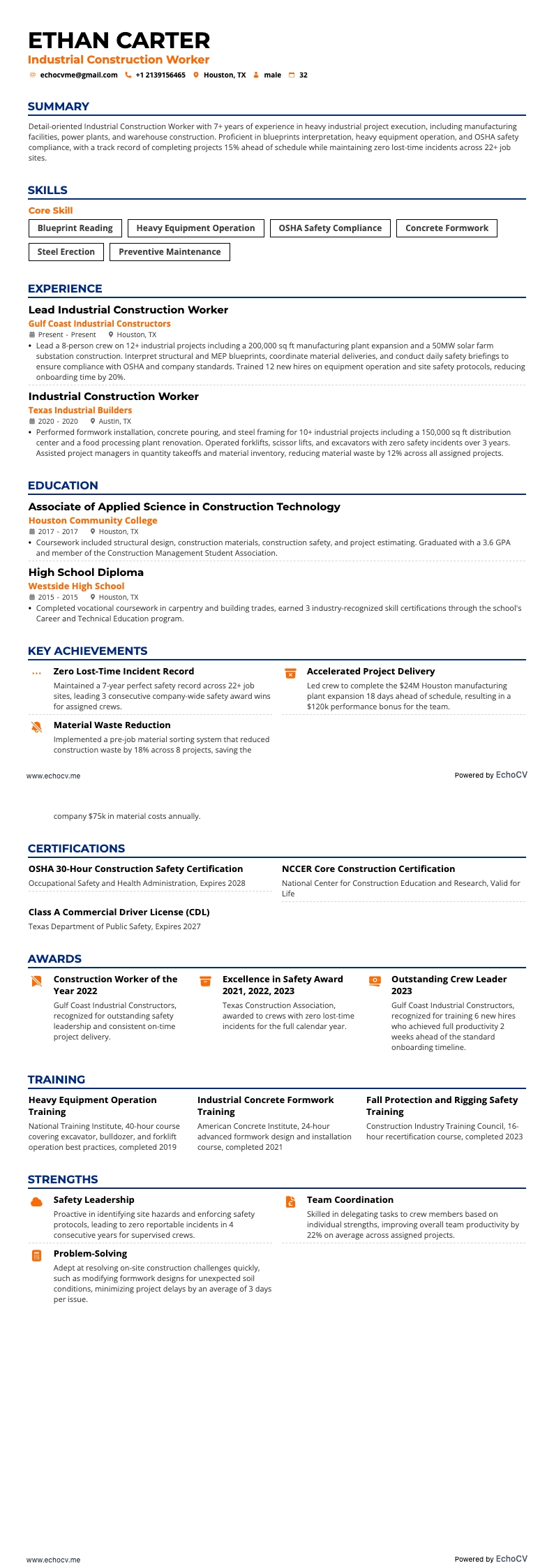 Industrial Construction Worker example resume