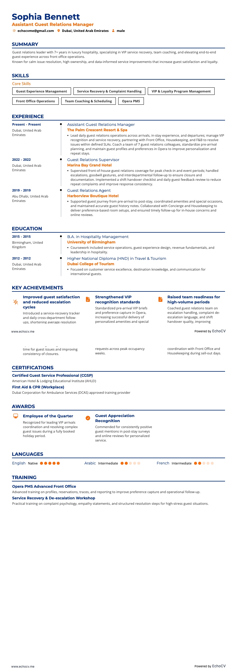 Assistent manager gastenrelaties resume example