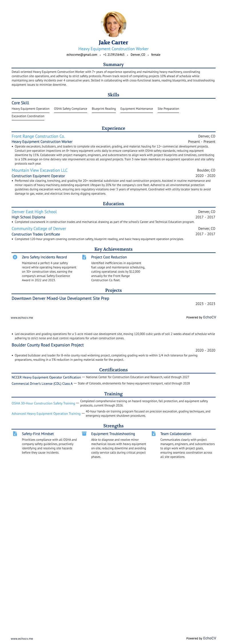 Heavy Equipment Construction Worker example resume