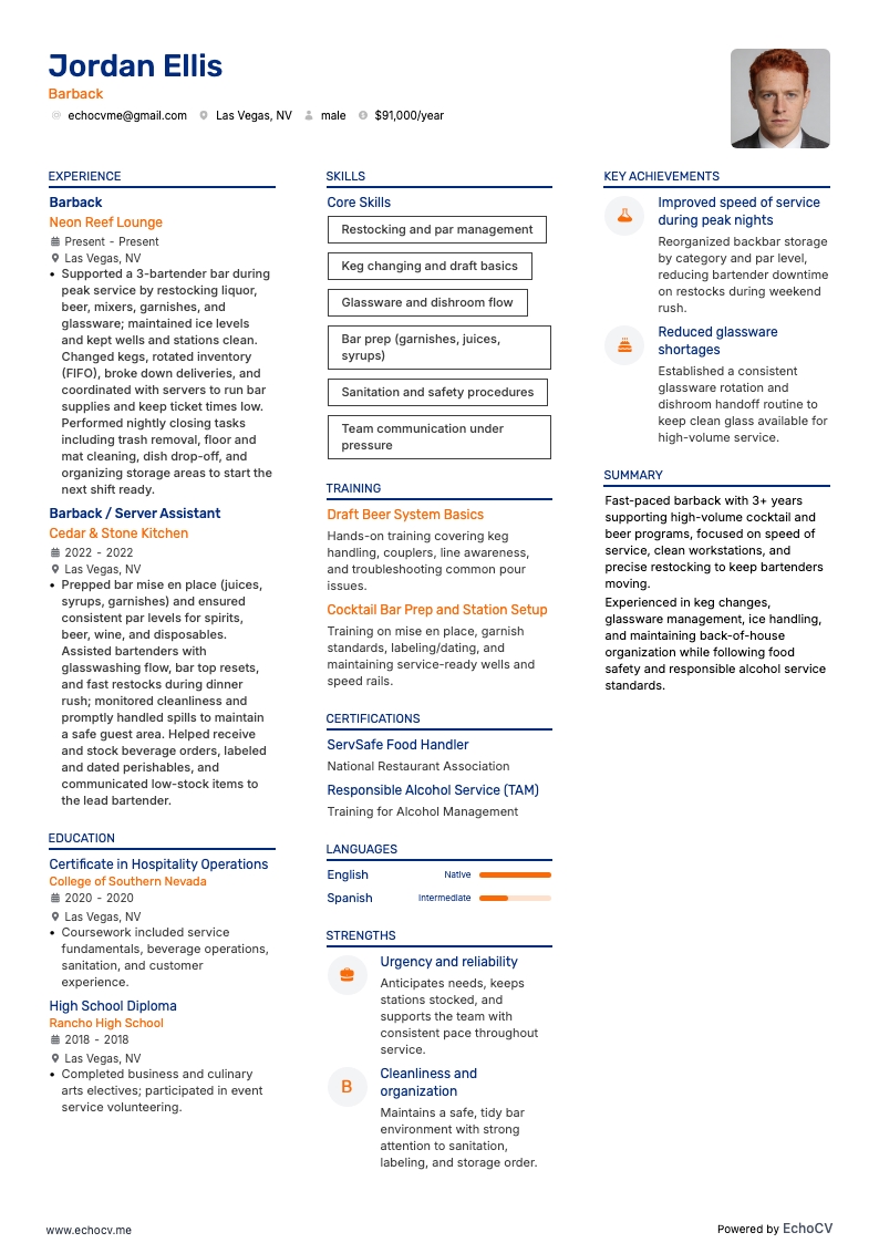 Auxiliar de bar example resume