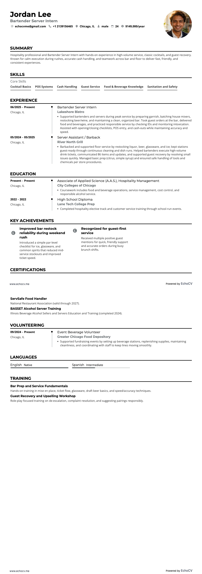 Estagiário de bartender e garçom example resume
