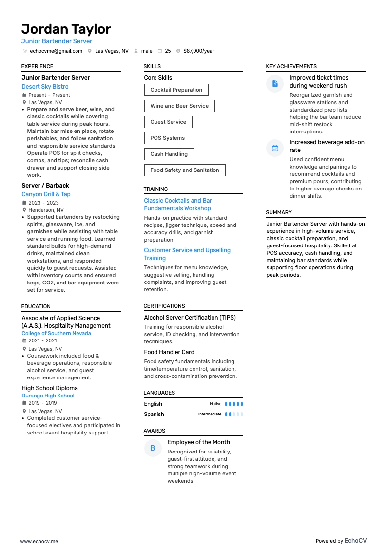 Barman e garçom júnior example resume