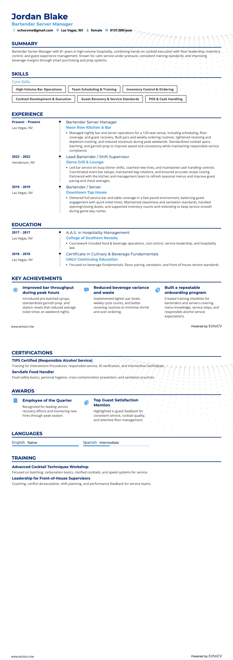 Garçom bartender resume example