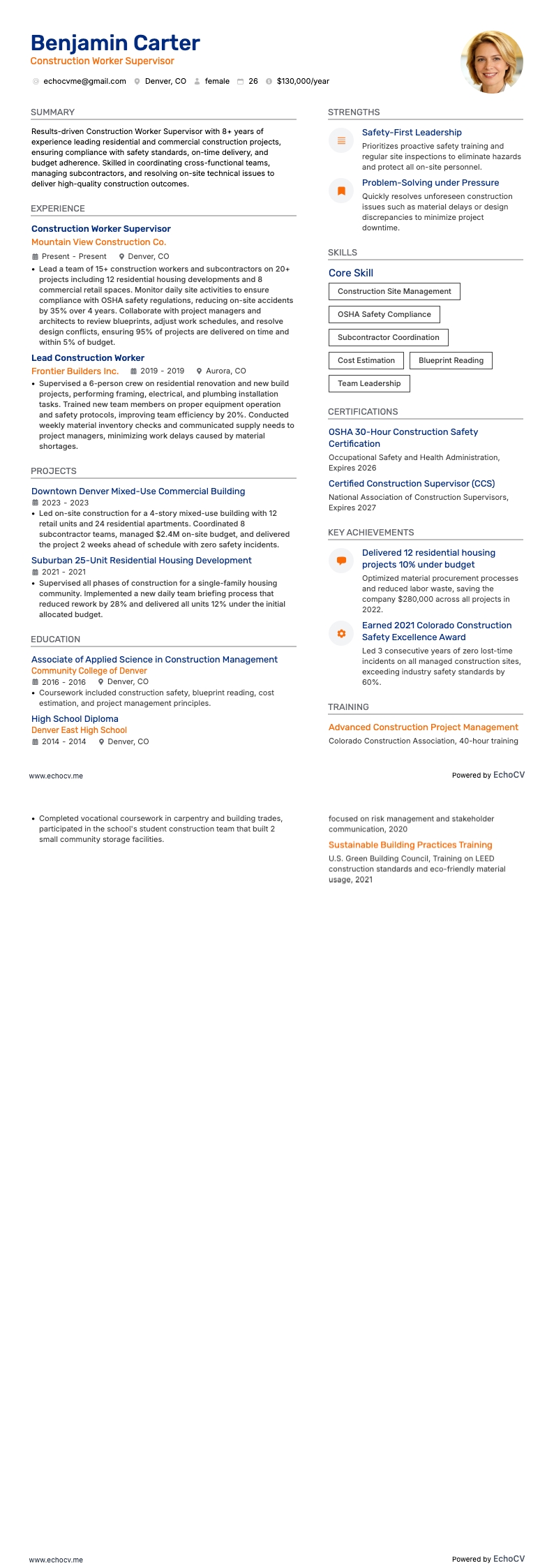 Construction Worker Supervisor example resume