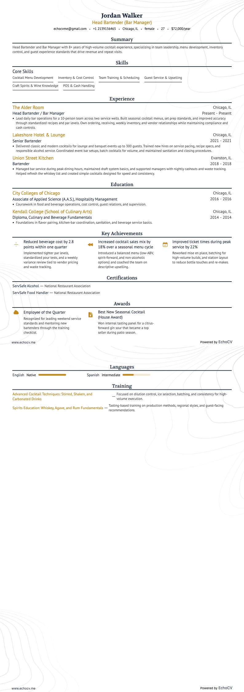 Chefe de bar example resume