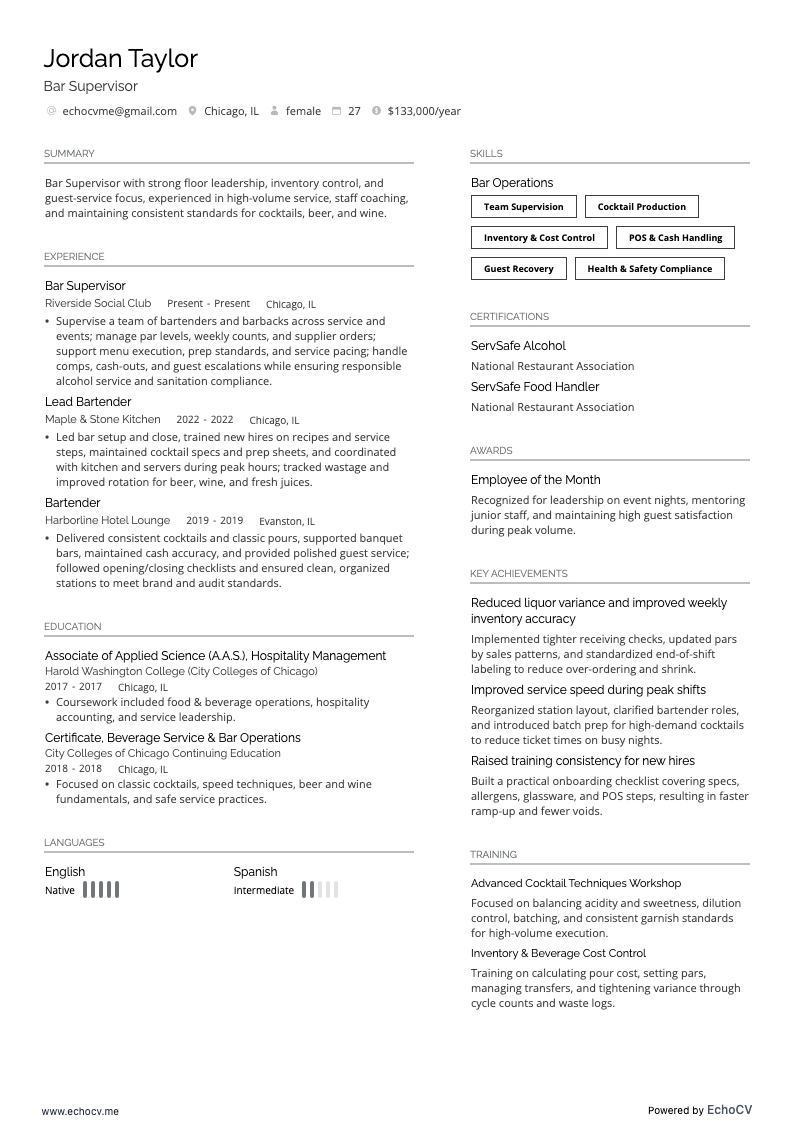 Supervisor de bar example resume