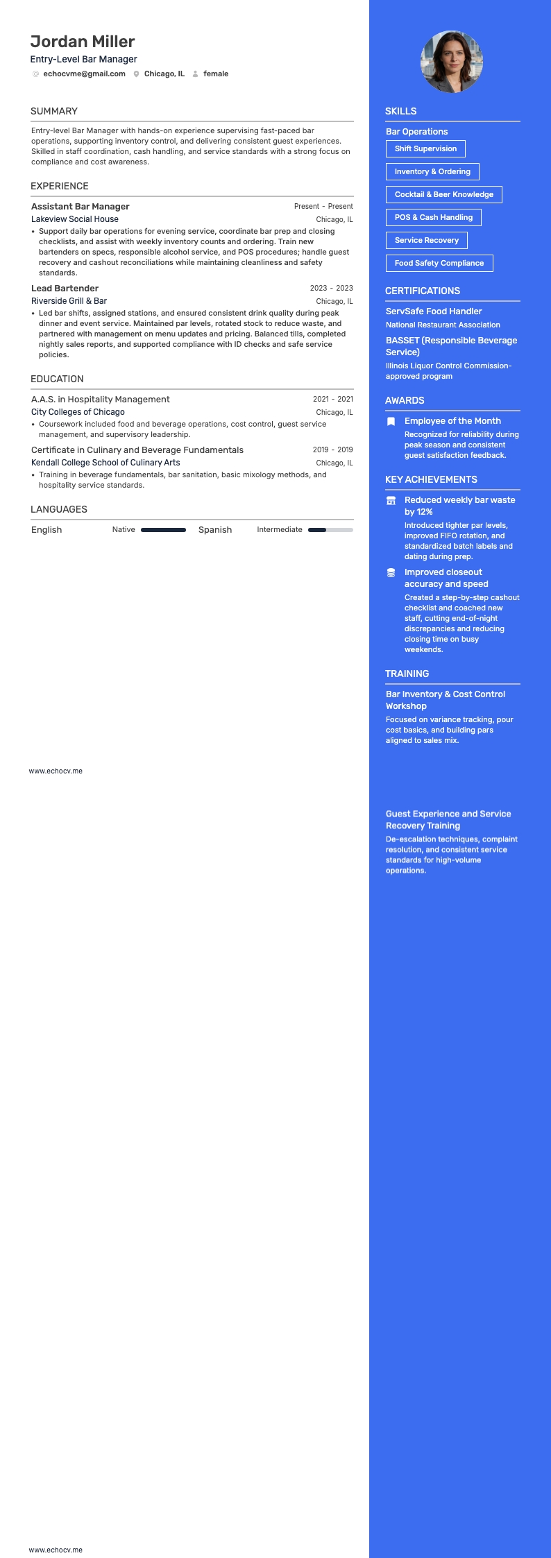 Gerente de bar resume example