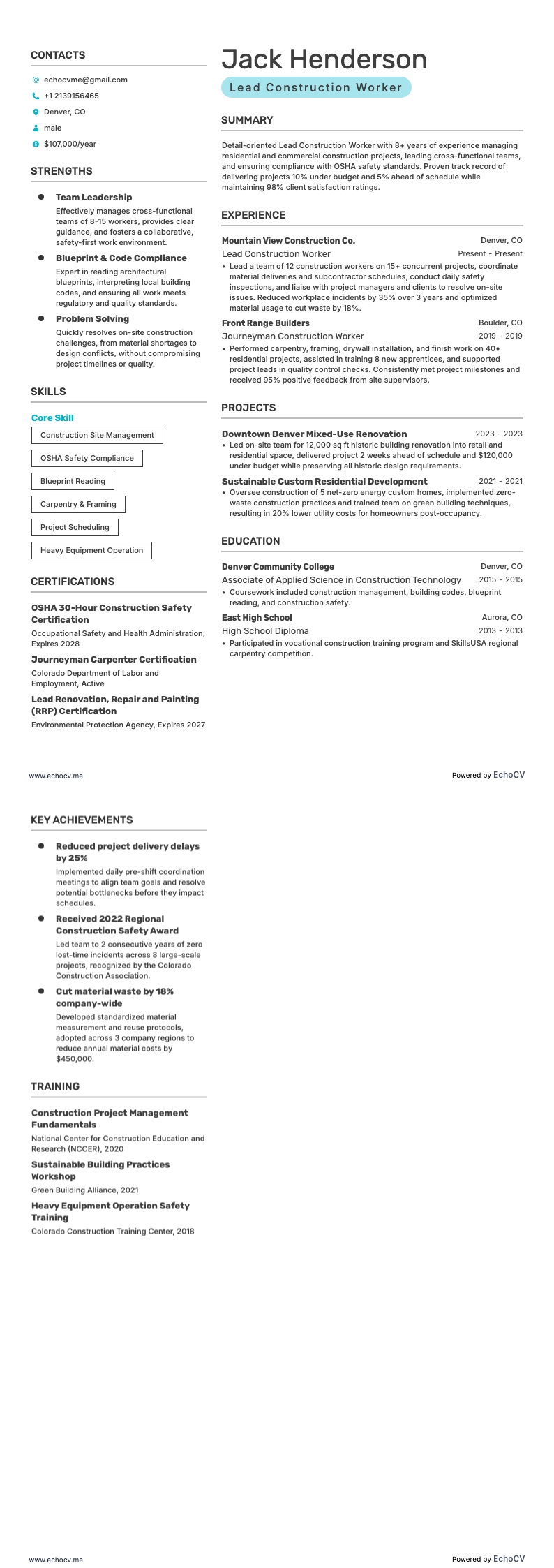 Lead Construction Worker example resume