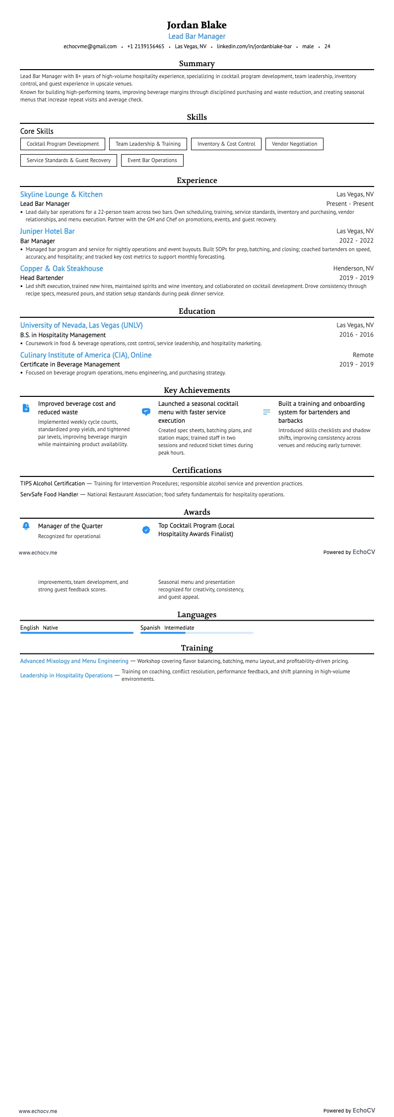 Prévia completa de Gerente principal de bar
